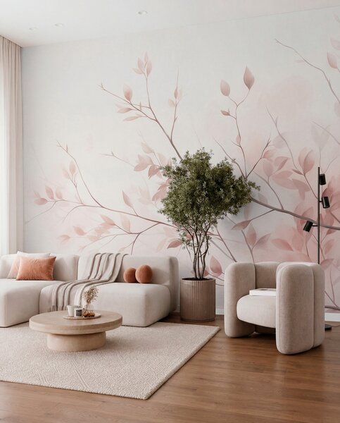 Tapet Ramuri delicate cu frunze de un roz pal, pe un fundal deschis, în stil acuarelă, Imagini de fundal unice, w09910 : Uwalls.ro