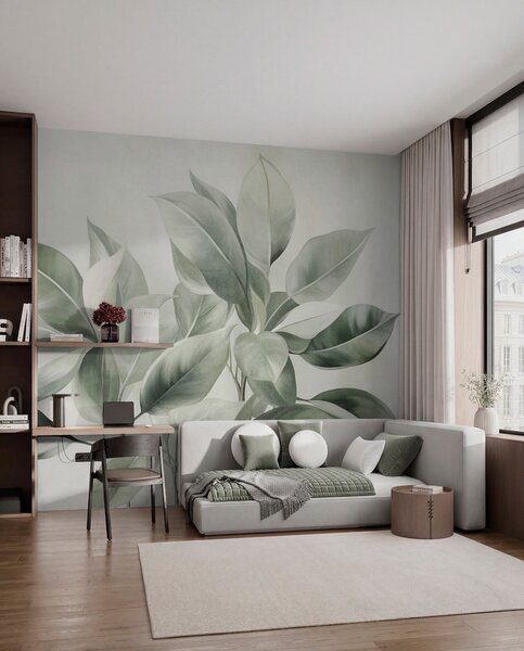 Tapet Frunze de un verde deschis pe un fundal pal și delicat, în stil boho cu textură, Imagini de fundal unice, w09909 : Uwalls.ro
