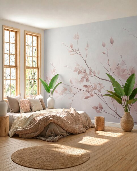 Tapet Ramuri delicate cu frunze de un roz pal, pe un fundal deschis, în stil acuarelă, Imagini de fundal unice, w09910 : Uwalls.ro