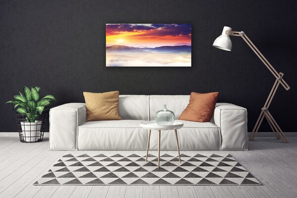 Tablou pe panza canvas Munte Soare Peisaj Galben Violet Alb