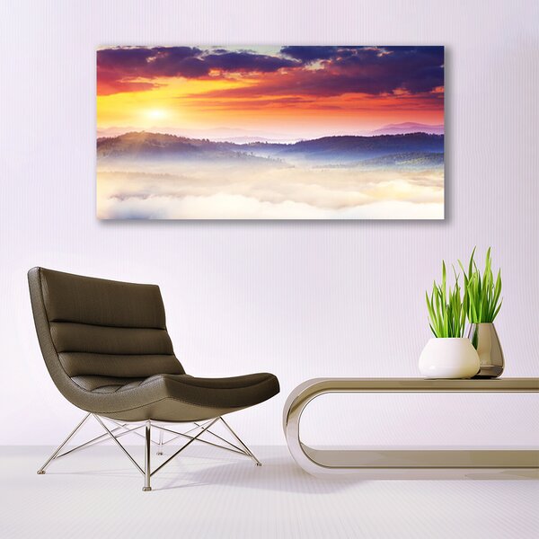 Tablou pe panza canvas Munte Soare Peisaj Galben Violet Alb