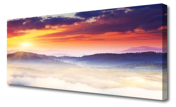 Tablou pe panza canvas Munte Soare Peisaj Galben Violet Alb