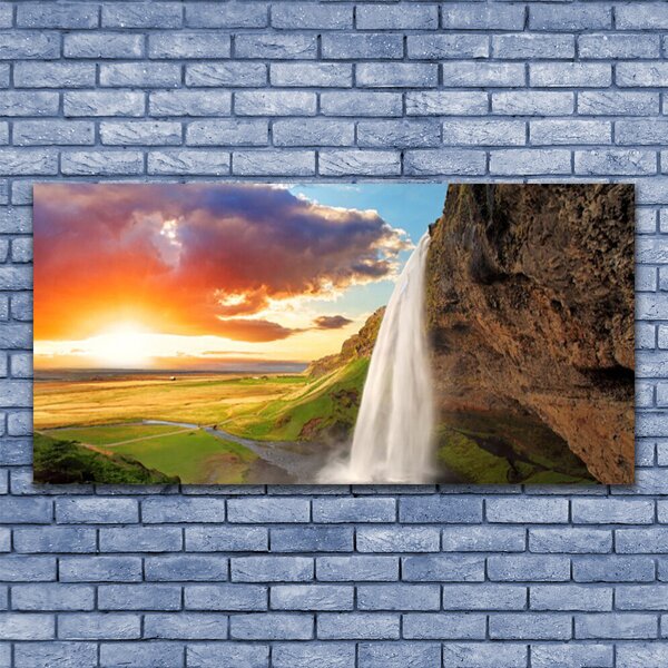 Tablou pe panza canvas Cascada Soare Peisaj Alb Galben