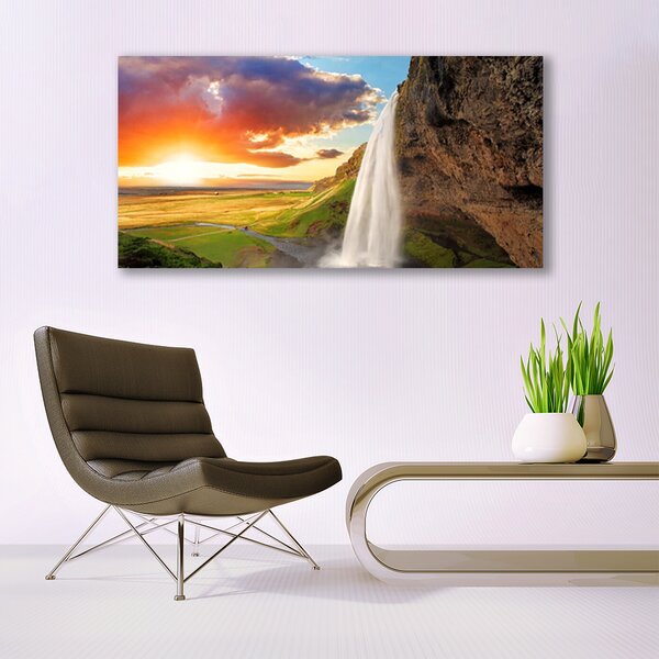 Tablou pe panza canvas Cascada Soare Peisaj Alb Galben
