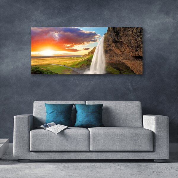 Tablou pe panza canvas Cascada Soare Peisaj Alb Galben