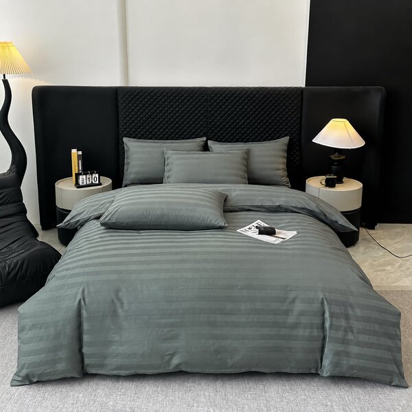 Lenjerie Premium Damasc, bumbac 100%, 6 piese, pat 2 persoane, olive gri