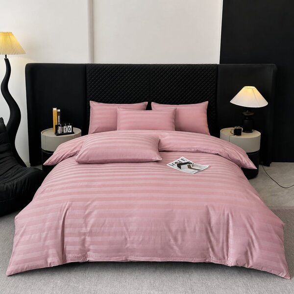 Lenjerie Premium Damasc, bumbac 100%, 6 piese, pat 2 persoane, roz