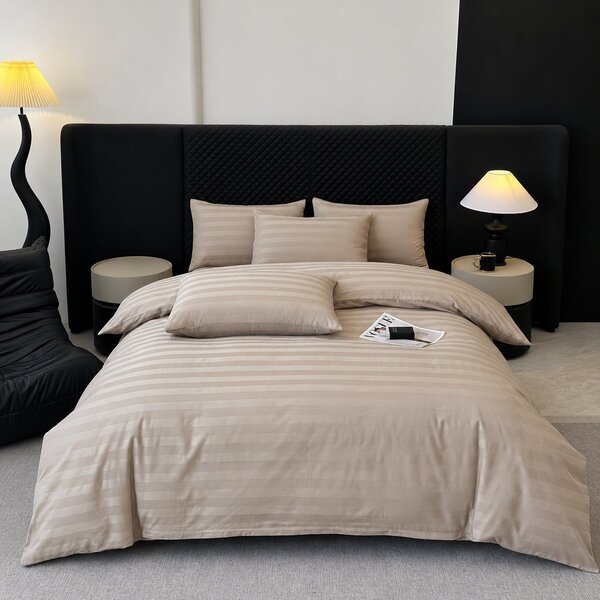 Lenjerie Premium Damasc, bumbac 100%, 6 piese, pat 2 persoane, bej