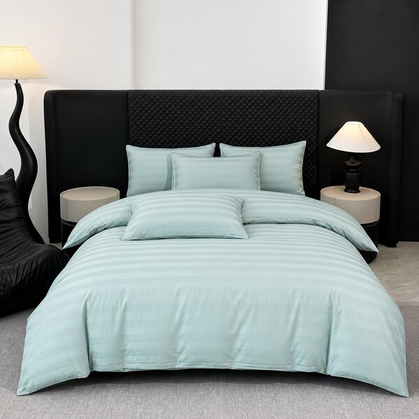 Lenjerie Premium Damasc, bumbac 100%, 6 piese, pat 2 persoane, bleu