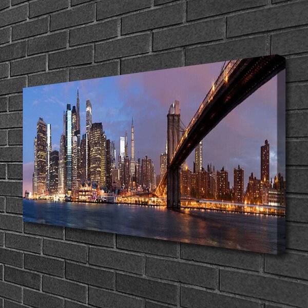 Tablou pe panza canvas Bridge City Case Galben Maro Gri Albastru