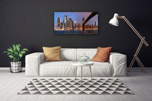 Tablou pe panza canvas Bridge City Case Galben Maro Gri Albastru