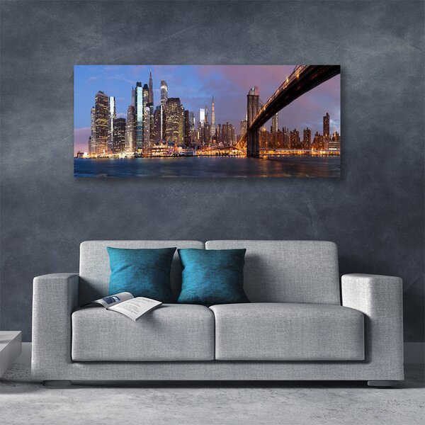 Tablou pe panza canvas Bridge City Case Galben Maro Gri Albastru