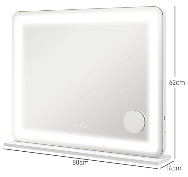HOMCOM Oglindă de Machiaj cu Lumini LED în 3 Culori, Oglindă de Perete și Masă cu USB, 80x62x14 cm, Alb | Aosom Romania