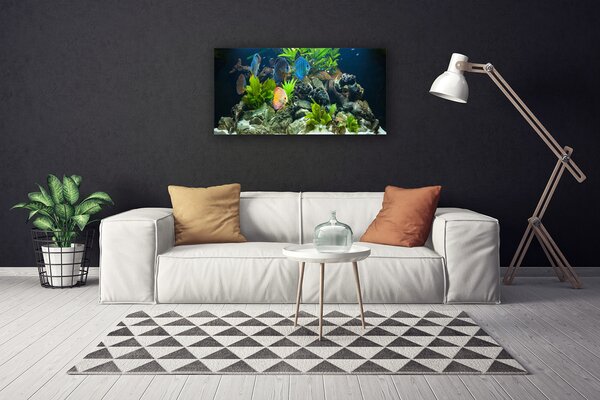 Tablou pe panza canvas Pește pietre Frunze Natura Albastru Galben Gri Verde