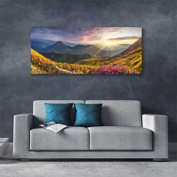 Tablou pe panza canvas Mountain Meadow Sun Peisaj Gri Albastru Galben Verde Roșu