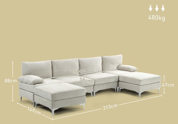 HOMCOM Canapea Modulară de 4 Locuri cu 2 Fotolii pentru Picioare, Perne pentru Brațe și Spătar, 313x149x88 cm, Crem Alb | Aosom Romania