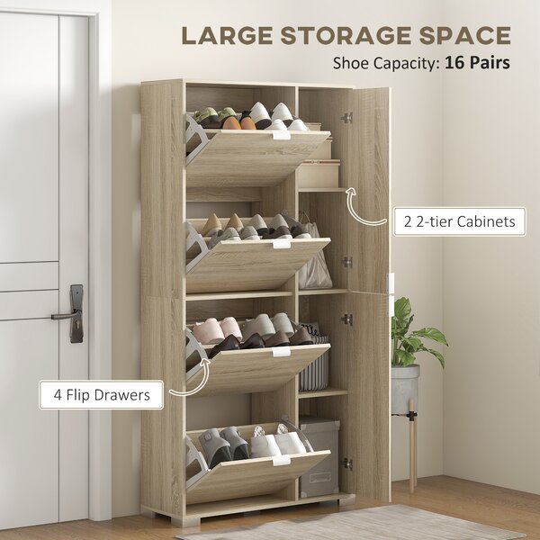 HOMCOM Etajeră pentru Pantofi cu Oglindă, 4 Sertare Rabatabile și 2 Dulapuri, 82x30x168 cm, Culoare Stejar | Aosom Romania