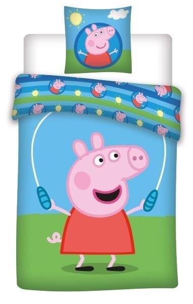 Lenjerie de pat pentru copii Culoare Albastra, Peppa Pig cu coarda