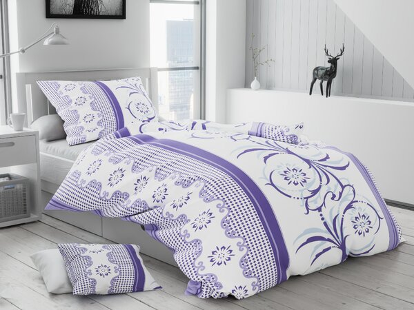Lenjerie de pat din bumbac flanelat Culoare Alb / Violet, Viktoria + husa de perna 40x50 Gratuit