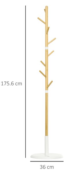 HOMCOM Cuier Vertical cu 8 Cârlige cu Bază Rotundă din Bambus, Lemn și Metal, Ø37,8x175,6 cm, Lemn Natural | Aosom Romania