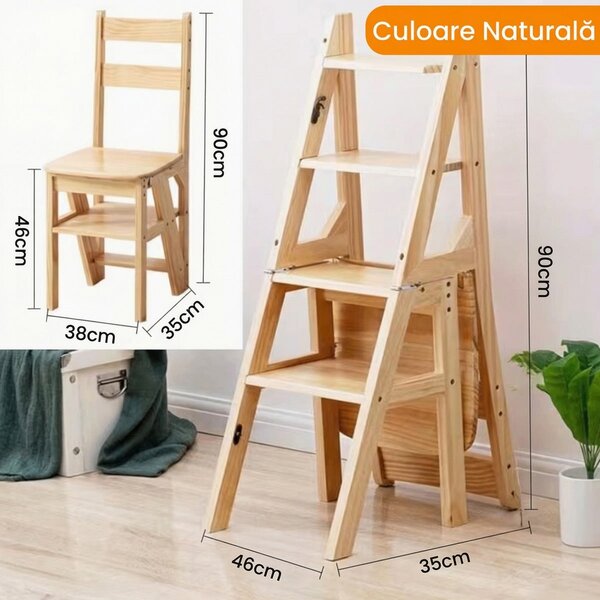 Scaun Pliabil Tip Scară din Lemn Masiv, 4 Trepte, 38x35x90 cm, Natural