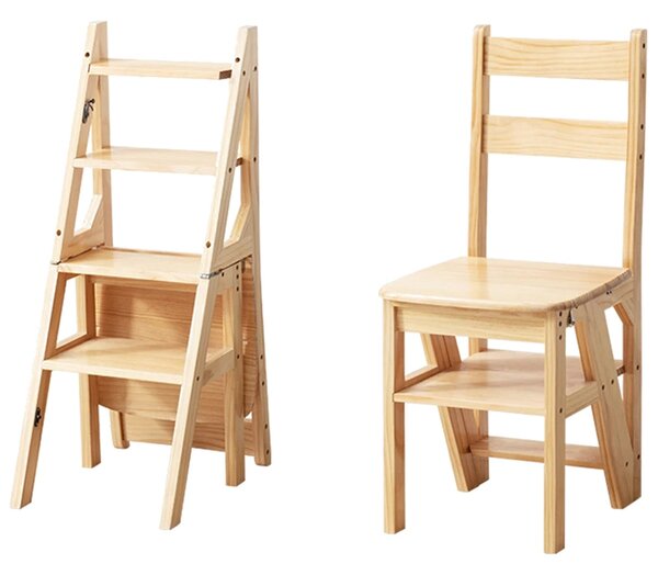 Scaun Pliabil Tip Scară din Lemn Masiv, 4 Trepte, 38x35x90 cm, Natural