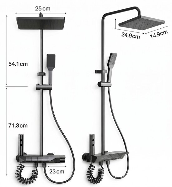 Set Duș cu Coloană și 4 Funcții, Cap Ploaie 24,9 x 14,9 cm, Pulverizator Bideu, Gri Grafit