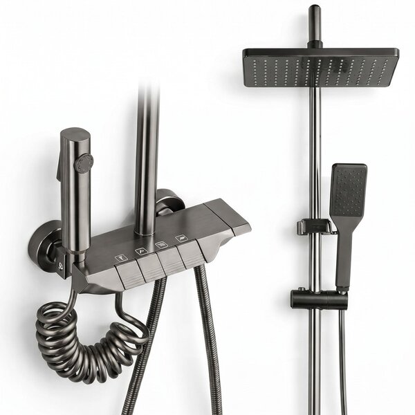 Set Duș cu Coloană și 4 Funcții, Cap Ploaie 24,9 x 14,9 cm, Pulverizator Bideu, Gri Grafit