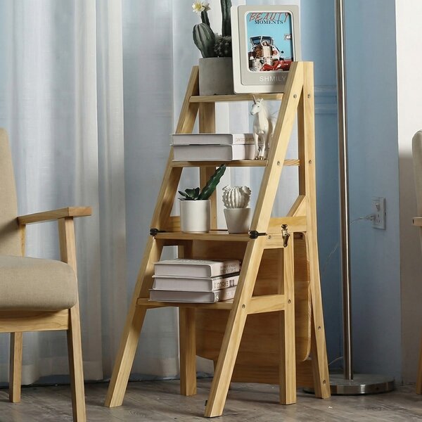Scaun Pliabil Tip Scară din Lemn Masiv, 4 Trepte, 38x35x90 cm, Natural