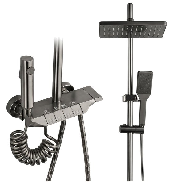 Set Duș cu Coloană și 4 Funcții, Cap Ploaie 24,9 x 14,9 cm, Pulverizator Bideu, Gri Grafit