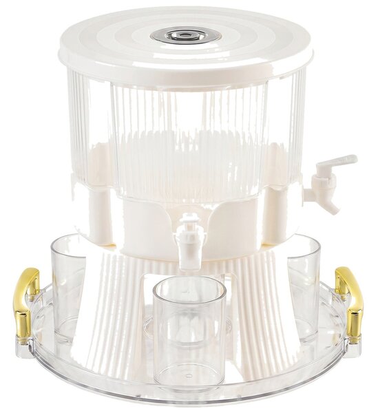 Dispenser băuturi cu 4 compartimente și robinete, pe suport, 34x38 cm, alb-crem