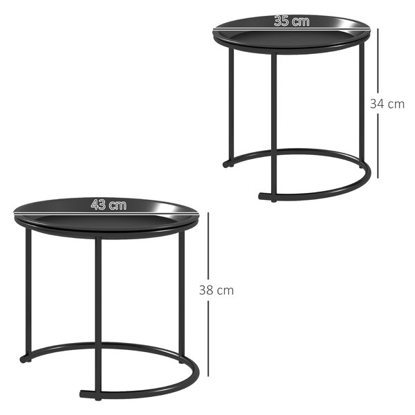 HOMCOM Set 2 Măsuțe de Cafea Suprapozabile, Măsuțe Joase Rotunde cu Tavă Detașabilă din Oțel, Ø 43x38 cm, Negru | Aosom Romania