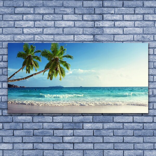 Tablou pe panza canvas Palm Trees Sea Beach Peisaj Brun Verde Gri Albastru