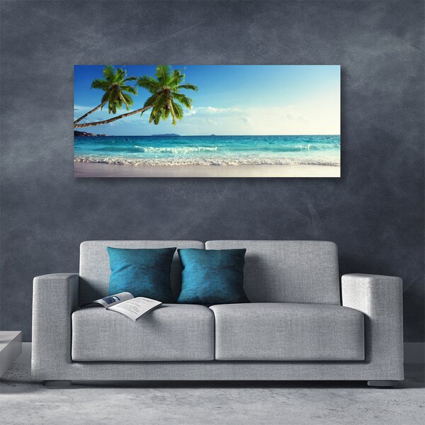 Tablou pe panza canvas Palm Trees Sea Beach Peisaj Brun Verde Gri Albastru