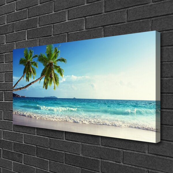 Tablou pe panza canvas Palm Trees Sea Beach Peisaj Brun Verde Gri Albastru