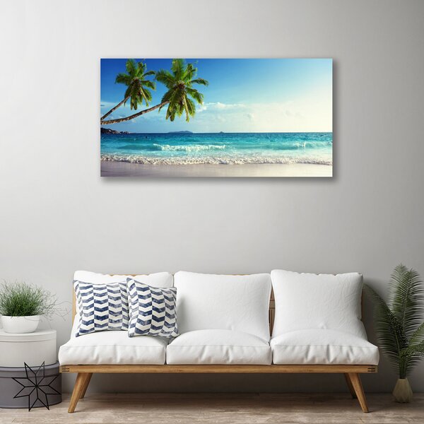 Tablou pe panza canvas Palm Trees Sea Beach Peisaj Brun Verde Gri Albastru