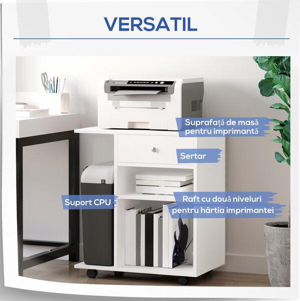 Vinsetto Suport Mobil pentru Imprimanta, Carucior Rulant pentru Dulapuri de Dosare cu Roti, Raft Reglabil, Sertar si Suport pentru Procesor CPU, Alb