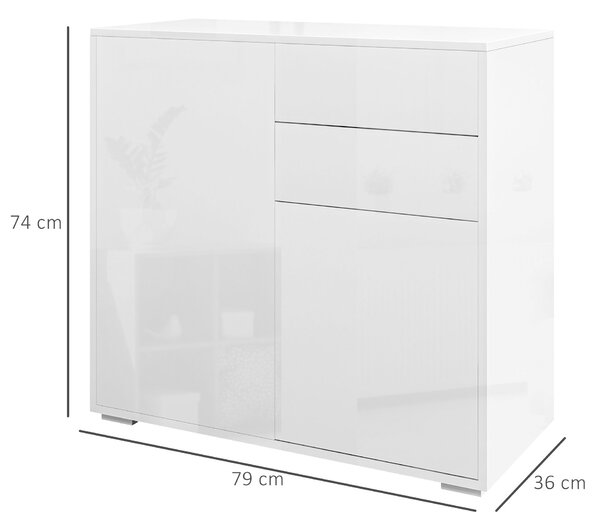 HOMCOM Comodă Elegantă cu Deschidere Touch, 2 Dulapuri și 2 Sertare, pentru Living și Dormitor, 79x36x74cm, Alb Lucios | Aosom Romania