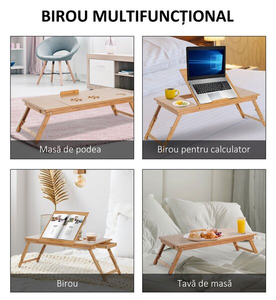 HOMCOM Masă de Pat pentru PC Pliabilă Suport Reglabil Înclinabil cu Sertar Picioare Pliabile 72x35x22-30 Culoarea Lemnului | Aosom Romania