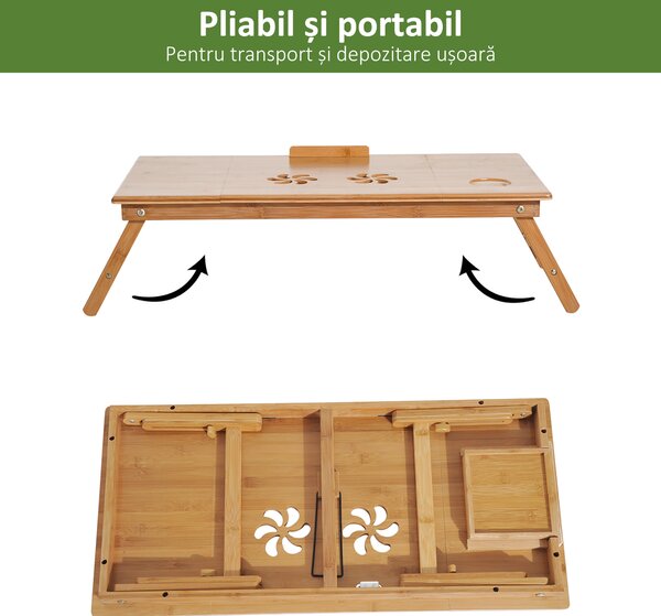 HOMCOM Masă de Pat pentru PC Pliabilă Suport Reglabil Înclinabil cu Sertar Picioare Pliabile 72x35x22-30 Culoarea Lemnului | Aosom Romania