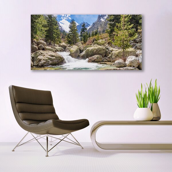 Tablou pe panza canvas Mountain Stones Lake Forest Natura Gri Maro Verde Alb