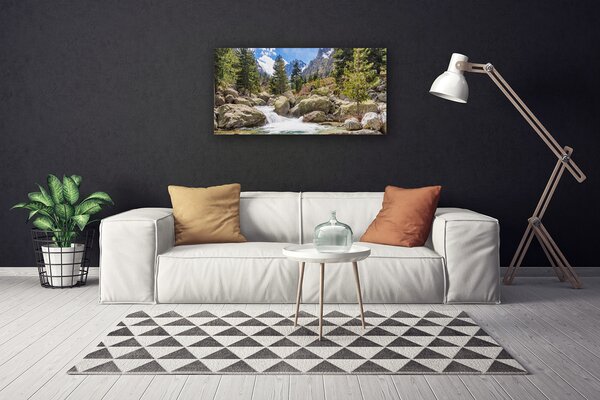 Tablou pe panza canvas Mountain Stones Lake Forest Natura Gri Maro Verde Alb