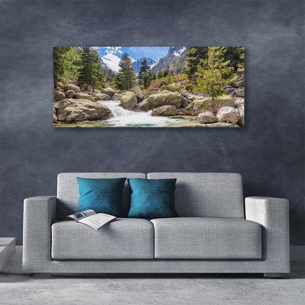 Tablou pe panza canvas Mountain Stones Lake Forest Natura Gri Maro Verde Alb