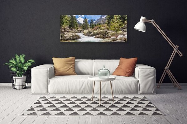Tablou pe panza canvas Mountain Stones Lake Forest Natura Gri Maro Verde Alb