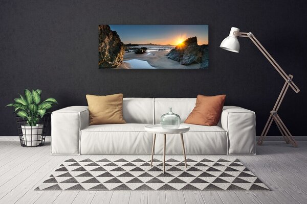 Tablou pe panza canvas Rock Sun Beach Peisaj Gri Maro Galben