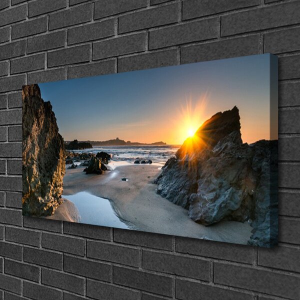 Tablou pe panza canvas Rock Sun Beach Peisaj Gri Maro Galben