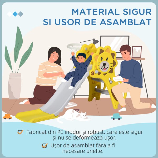 AIYAPLAY Tobogan pentru Copii 2 în 1 cu Coș de Baschet, Tobogan Interior pentru Copii 1-3 ani, 131x50x74 cm, Galben | Aosom Romania