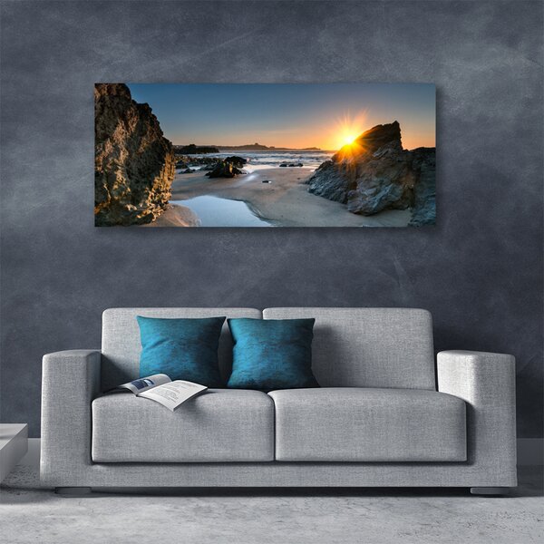 Tablou pe panza canvas Rock Sun Beach Peisaj Gri Maro Galben
