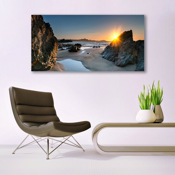 Tablou pe panza canvas Rock Sun Beach Peisaj Gri Maro Galben