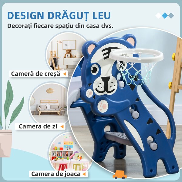 AIYAPLAY Tobogan din Plastic de Interior 2 în 1 pentru Copii cu Coș de Baschet, 70x133x60 cm, Albastru | Aosom Romania